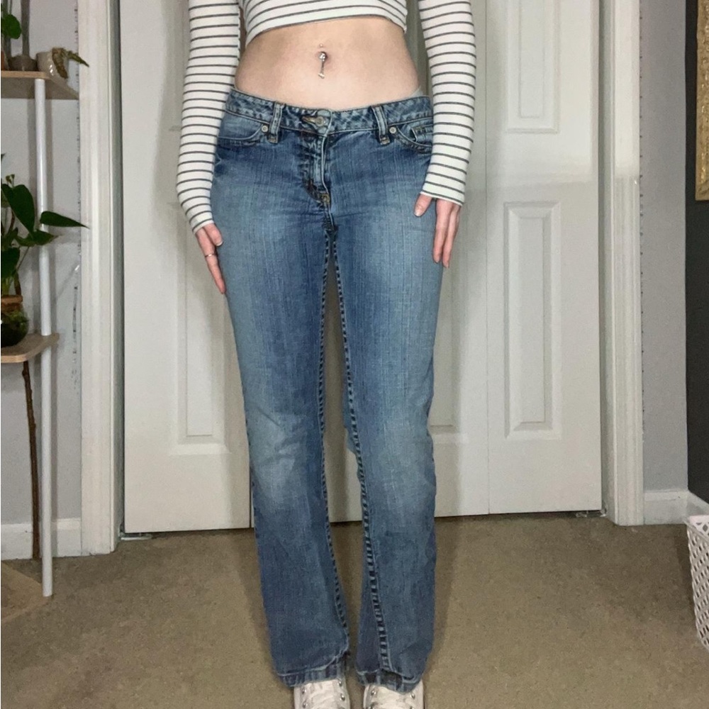 lowrise straight leg dark wash jeans